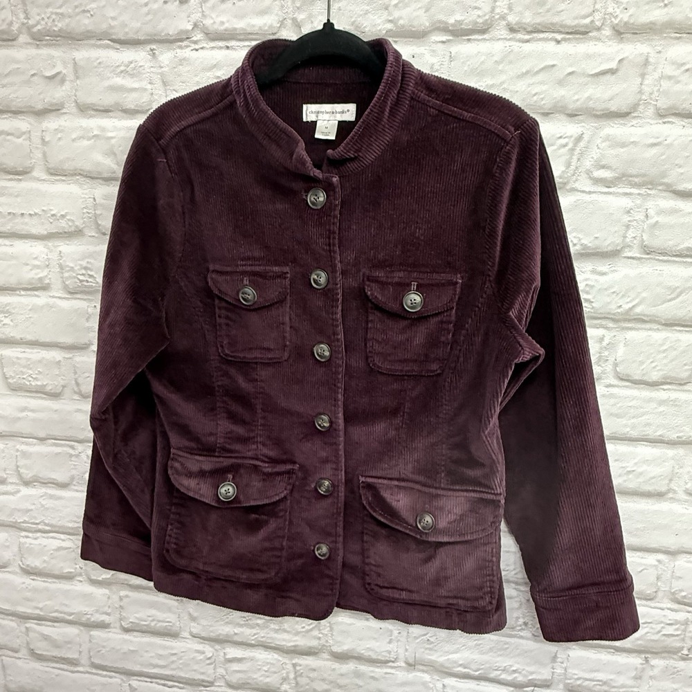 Christopher & Banks Corduroy Blazer Sz M Stretch Button Down Burgundy Jacket - Picture 6 of 16